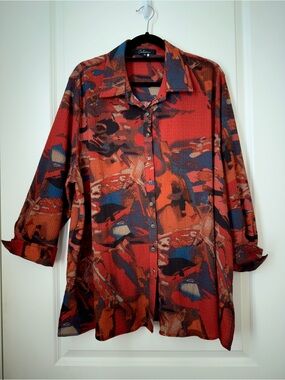 Calessa Multi-Color Abstract Rust Button-Front Tunic Blouse size 2X